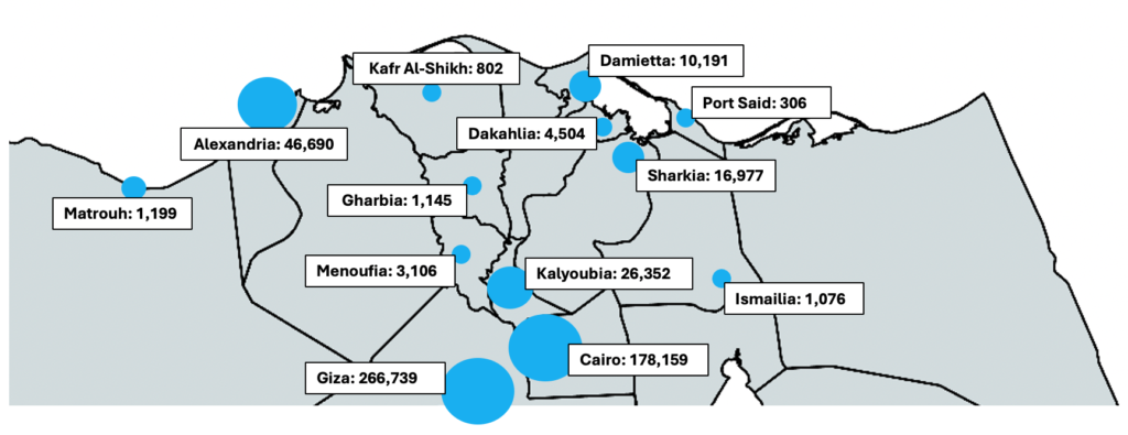 Map showing approximate number and locations of refugees from Sudan in Egypt, April 2024.