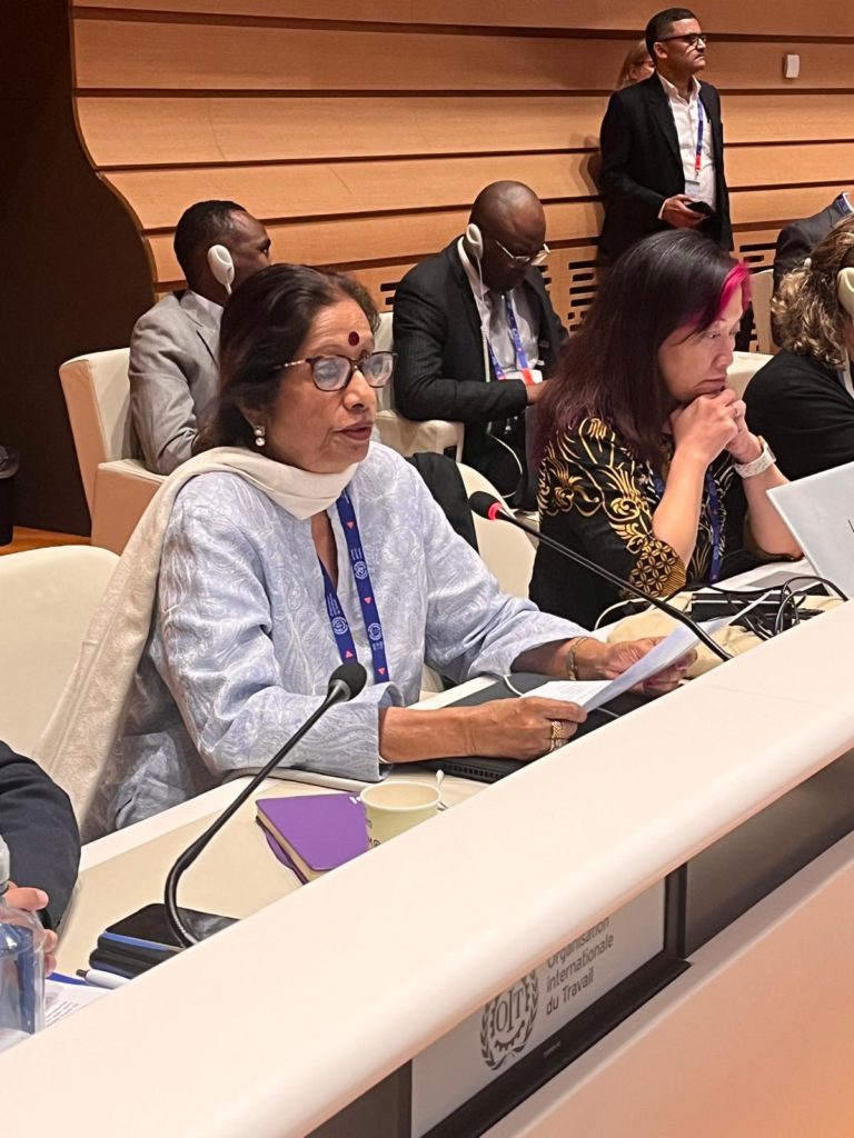 ICMC President Miss Christine Nathan addresses the ILC General Discussion Committee on Decent Work and the Care Economy, in Geneva on 3 June 2024