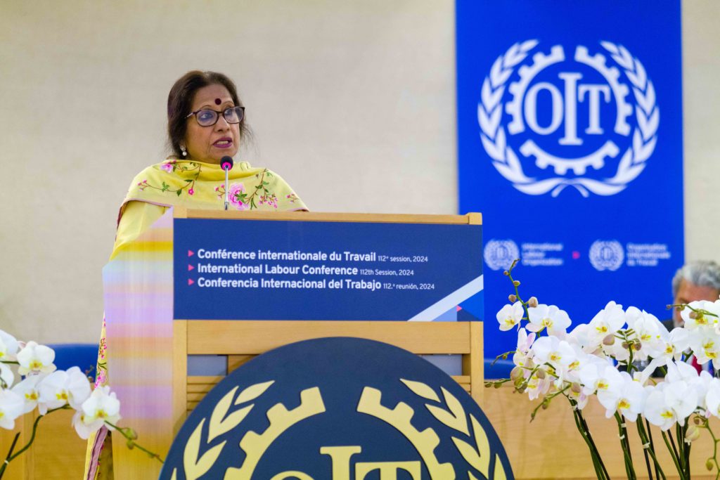 ICMC President Miss Christine Nathan addresses the 112th International Labour Conference plenary debate on the Report of the International Labour Organization Director-General, in Geneva on 5 June 2024