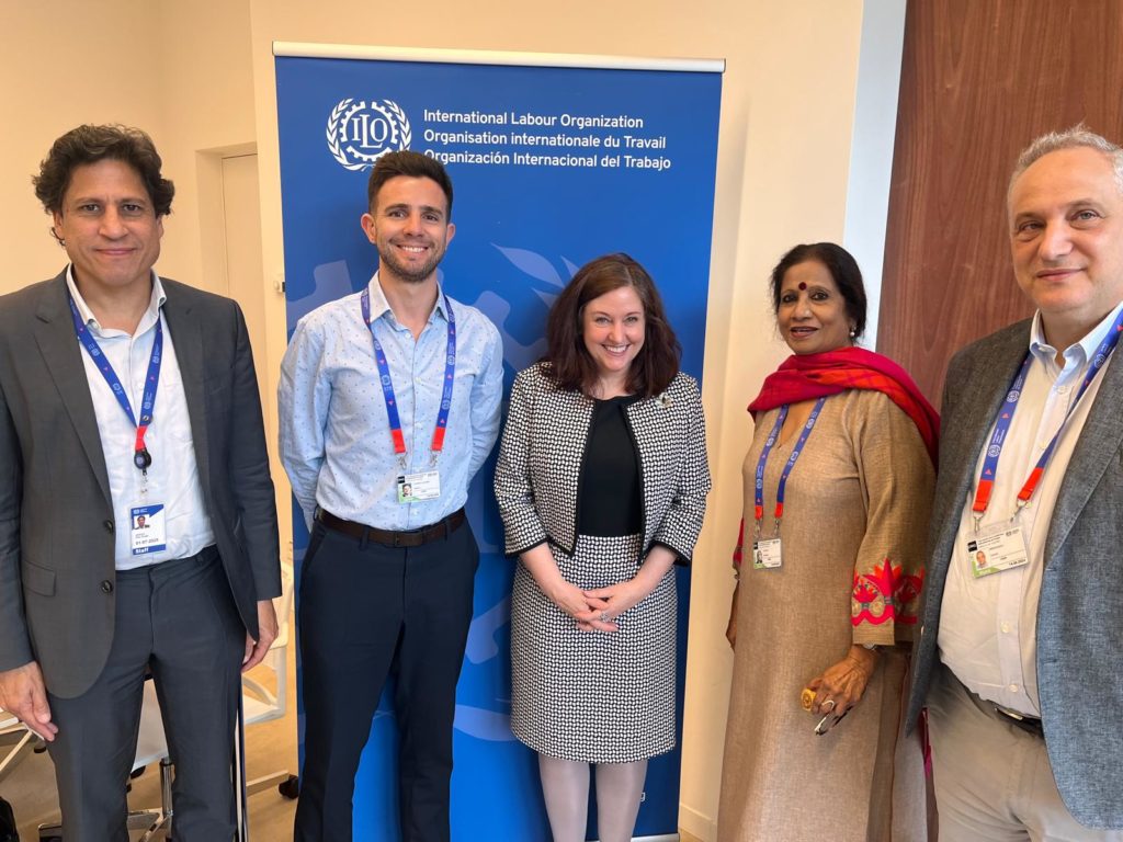 ICMC’s ILC delegation meets with ILO Deputy Director-General Celeste Drake at the 112th session of the ILC in Geneva