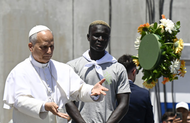 Pope Leo XIV casts a wreath into the sea to remember those who have died attempting to cross into Europe, during the 2026 Apostolic Visit to Spain © Vatican Media